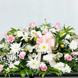 Casket spray, pink and white