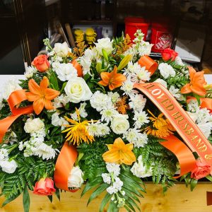 Casket Spray, orange, white & peach